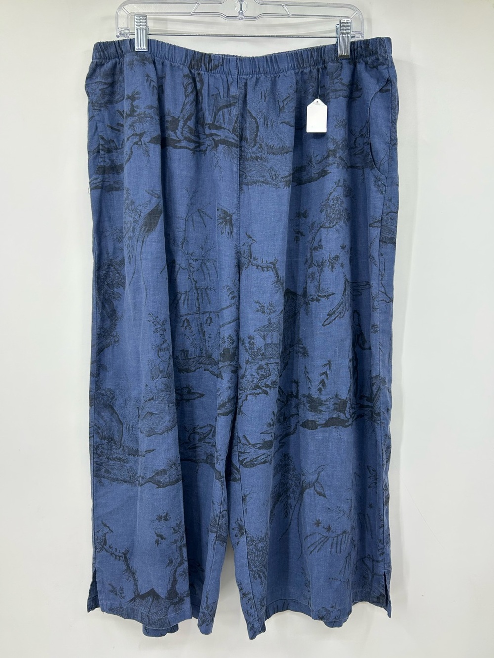 Kleen Womens Linen Pants Blue Printed Elastic Waist Pull on Plus Size 1X